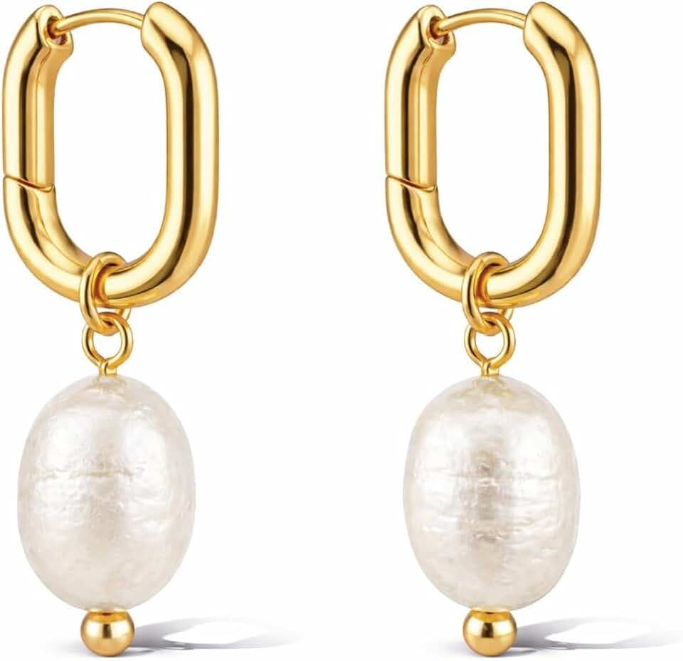 SWEET PEEPS 18K Gold Plated Paperclip Pearl Drop Hoop Earrings for Women, Hypoallergenic Huggie Earrings