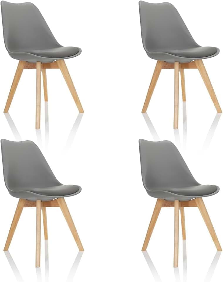 hjh OFFICE 4er Set Esszimmerstühle Scandi Massivholz Beine Buche, Stuhl Küchenstuhl gepolstert im Retro-Design, Kunststoff Grau 661010