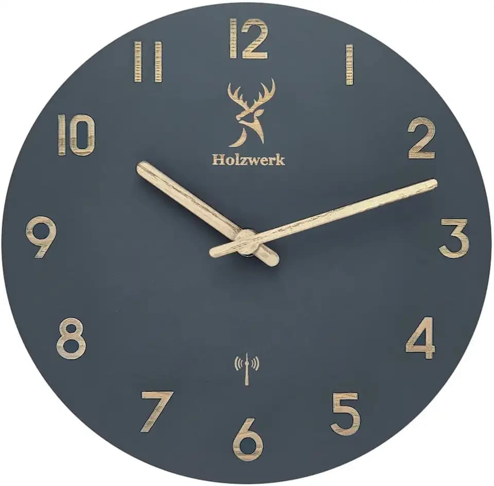Holzwerk Bamberg (Funk) Natur Holz Funkwanduhr Funk Wanduhr Holz-Uhr Vintage Funkuhr lautloses Uhrwerk ohne Tickgeräusche Grau lautlos aus handgefertigtem Massivholz Natur 25 cm