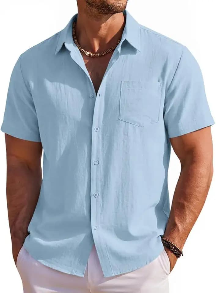 Elainone Herren Kurzarm-Leinenhemd, normale Passform, Button-Down-Shirt, lässig, Sommer, Strand, Urlaub, Tops mit Tasche
