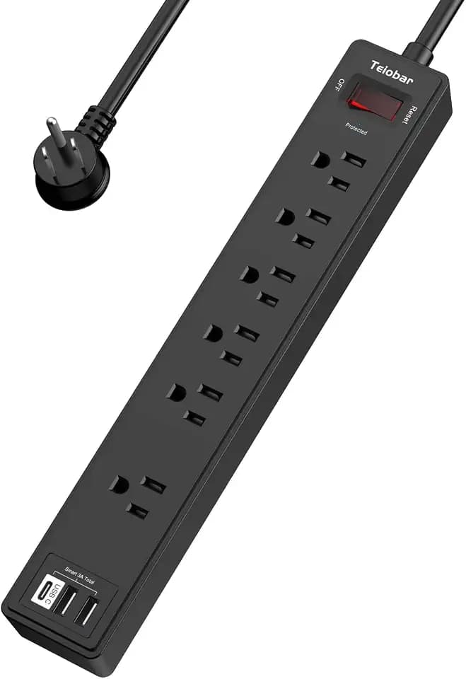 6Ft Extension Cord Power Strip Surge Protector - Teiobar 6 AC Outlets and 3 USB Ports for Home, Office, Dorm Essentials, 1680 Joules, ETL Listed, Black