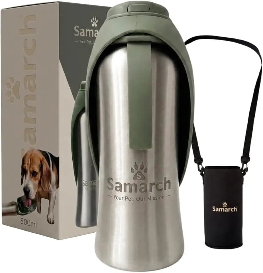 Hunde Trinkflaschen Set für Unterwegs, 800ml Hundetrinkflasche + Umhängetasche, Hundewasserflasche Trinknapf, Silikon Trinknapf, Premium Edelstahl Wasserflasche to go, auslaufsicher & BPA-frei