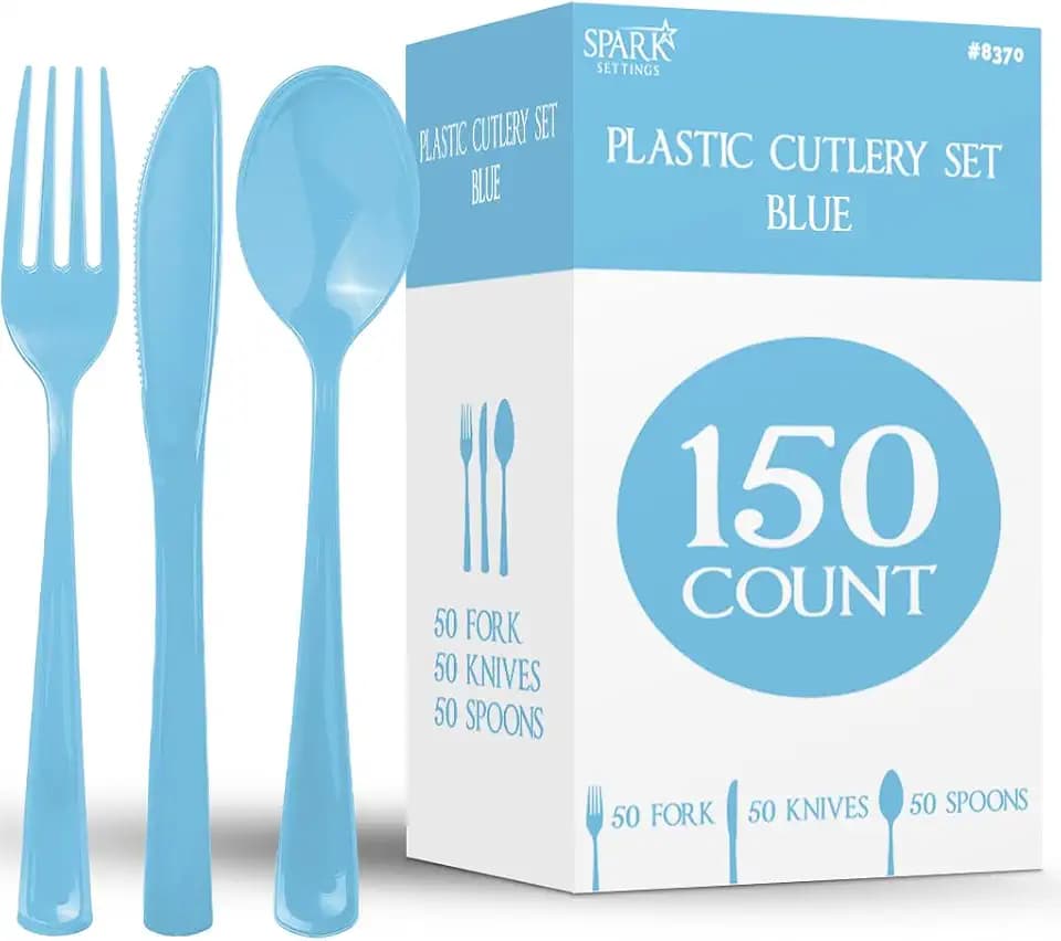 150 Pack Plastic Silverware Heavy Duty, Blue Disposable Cutlery, 50 Spoons, 50 Forks, 50 Knives, Plastic Utensils Set for Home Office School Party Picnics Weddings & More - SparkSettings