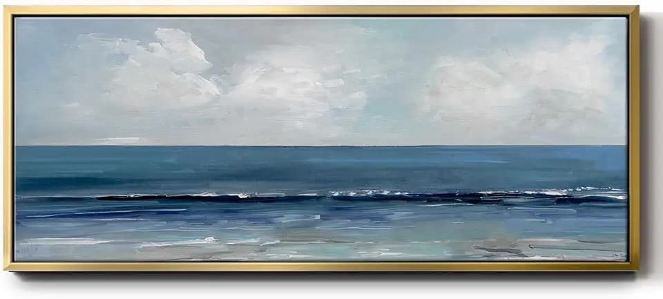 Renditions Gallery Beach Wall Art Paintings for Home Ocean Island Waves Floater Frame Artwork Prints for Bedroom Kitchen Office - 12"x30" Gold Frame LT618