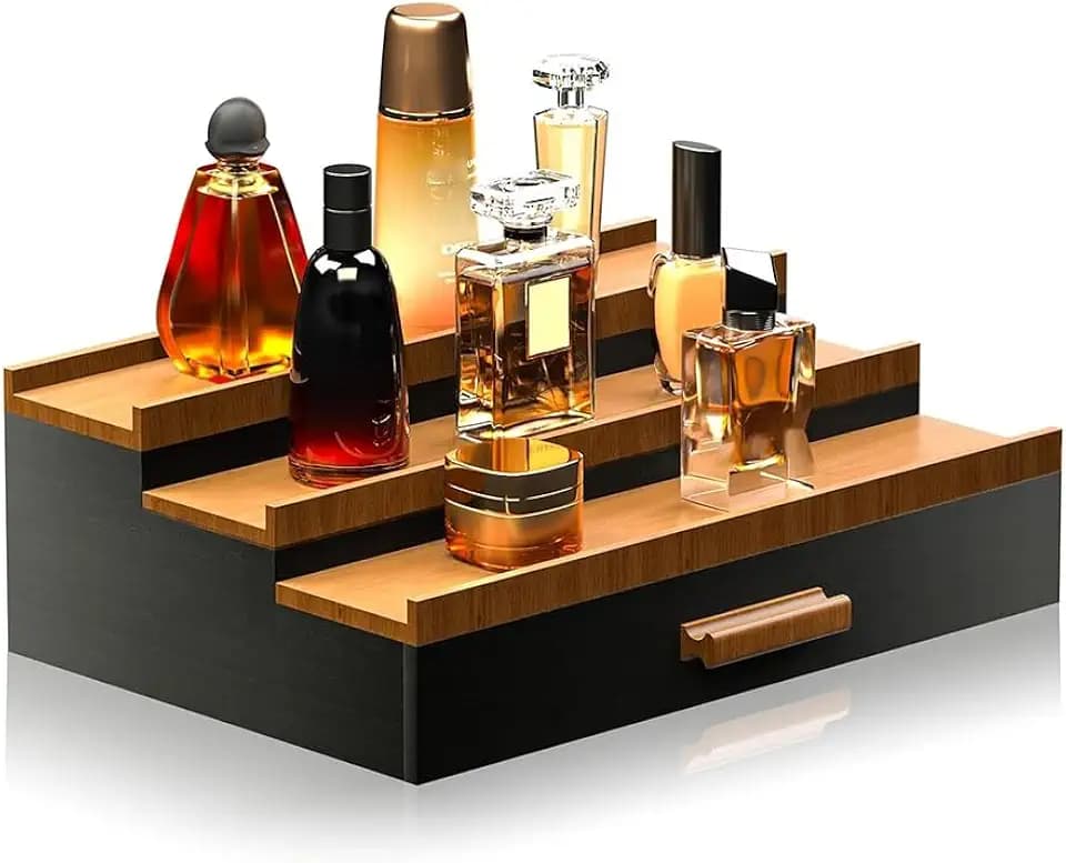 3 Tier Display Ständer, Parfüm Organizer, Abgestuftes Parfümständer Aufbewahrungsbox mit Versteckter Schublade, Parfümhalter Display Riser Regal für Figuren Nagellack Kosmetik
