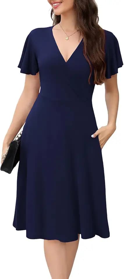 Women's Summer Dress 2026 Vintage Casual Office Professional Elegant Work V Neck A Line Knee Length Dresses with Pockets 560