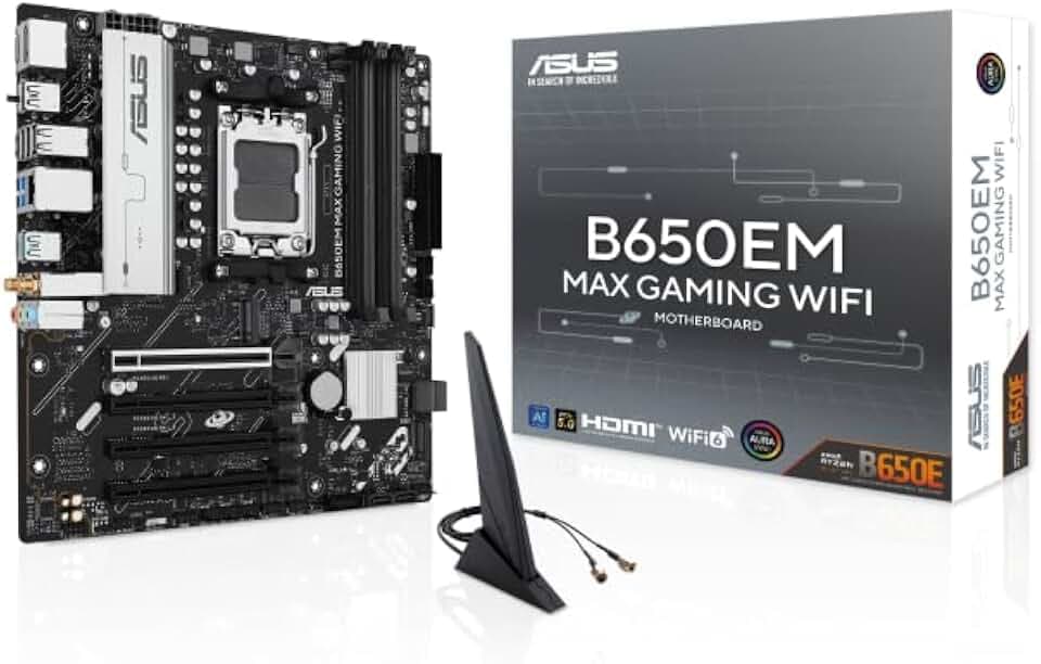 ASUS B650EM MAX Gaming WiFi, AMD mATX Motherboard, DDR5 Slot, PCIe 5.0 Ready, DREI M.2 Slots, Wi-Fi 6, Ethernet Realtek 1 GB, DisplayPort, HDMI, USB-A und USB-C 10 Gbps, BIOS Flashback, Aura Sync