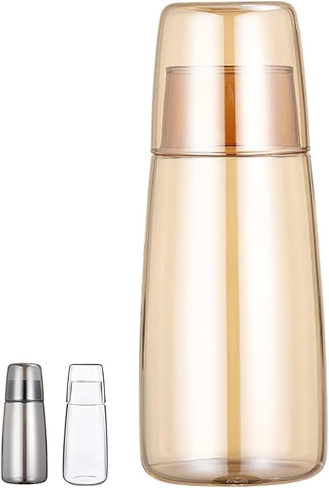 Nachttisch Wasserkaraffe Set mit Becher Glas Nachttasse Set, Mundwasser Flasche Karaffe mit Becher Deckel für Schlafzimmer Nachttisch Bad Küche 25oz/750ml (Gold)