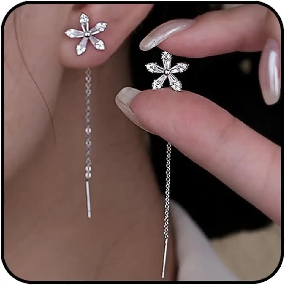 Sparkly Rhinestone Flower Threader Earrings for Women Dainty Silver Floral Long Chain Dangle Earrings Small Petal Snowflake Crystal Dangling Earrings Trendy Cocktail Party Jewelry Gift