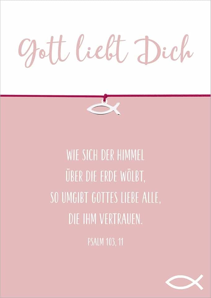 Glücksschmiedin - Christliche Karte mit Segensspruch, mit Armband in PINK und silberfarbenem FISCH-Anhänger, handgefertigt in Deutschland