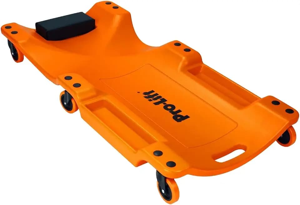 Pro Lift Mechanic Plastic Creeper 40 Inch - Blow Molded Ergonomic HDPE Body with Padded Headrest & Dual Tool Trays - 350 Lbs Capacity Orange