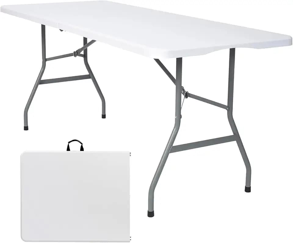 Lakhow 6FT Folding Table, Fold in Half Heavy Duty Rectangular Plastic Utility Table with Steel Legs & Carry Handle, White | HDPE Top for Indoor Outdoor Parties,Camping,Picnic,Wedding,Dining,Banquet