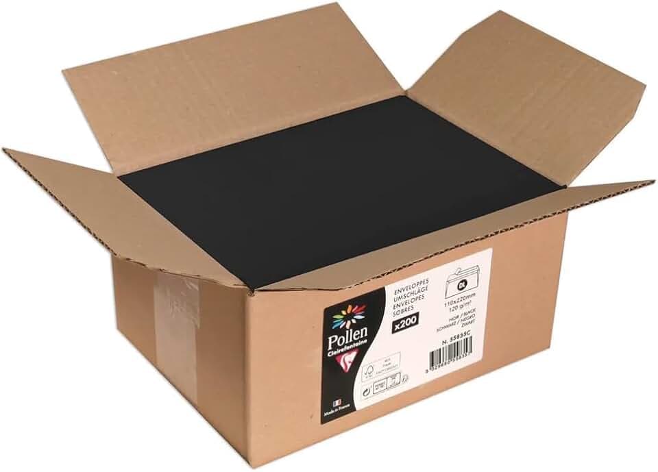 Clairefontaine 55835C Packung mit 200 Umschläge Pollen, 110 x 220mm, haftklebend, 1 Pack, schwarz