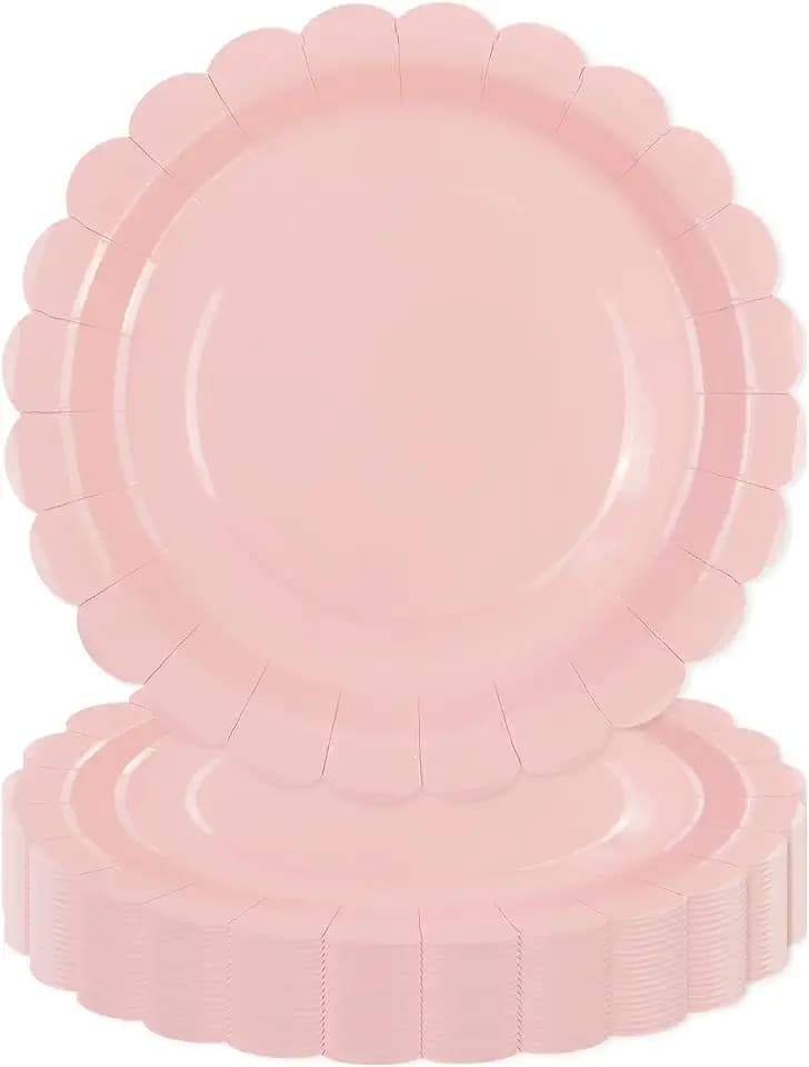 50 Pcs Pink Paper Plates 9 Inch, Scalloped Paper Plates Disposable Cake Dessert Dinner Plate for Birthday Baby Shower Wedding Party Decorative Supplies (Pink, 9 INCH)