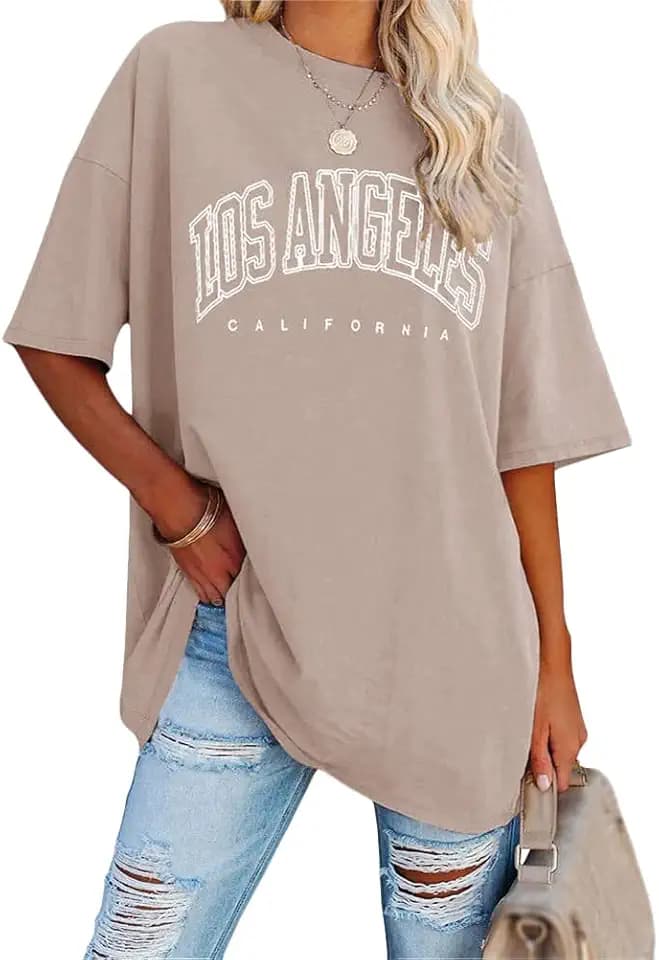 Tomwell Damen Los Angeles Brief T-Shirt Rundhals Oversize Oberteile