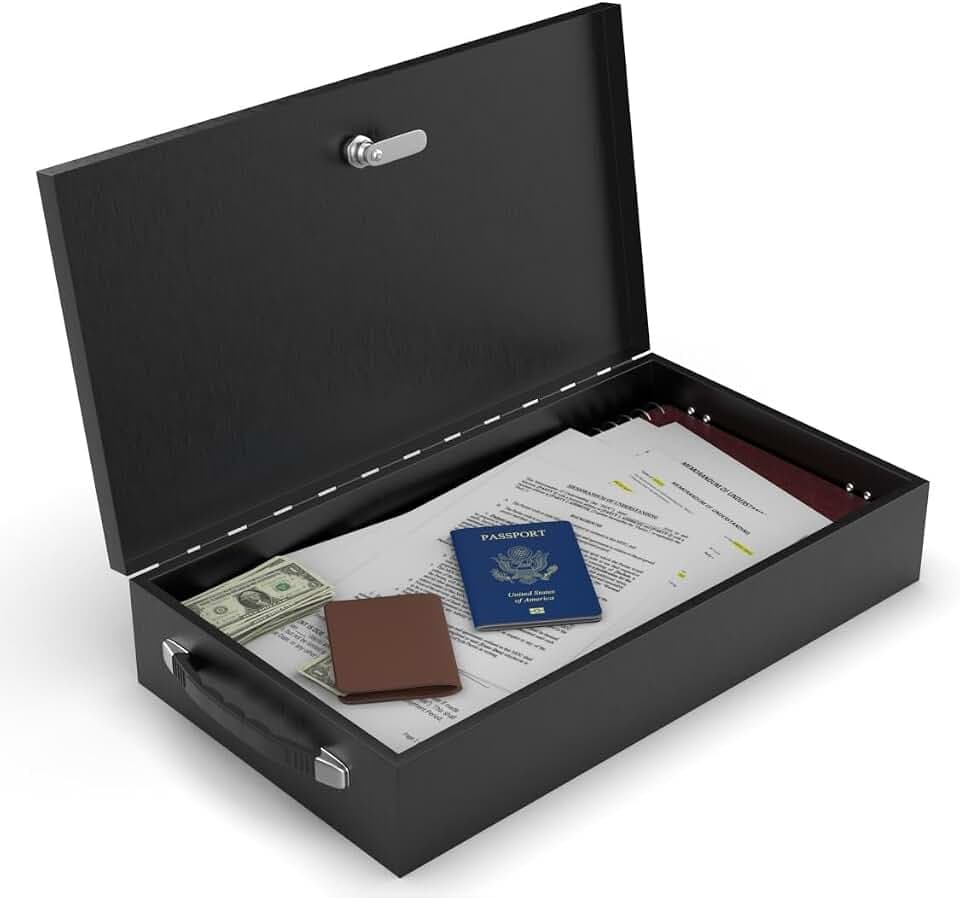 Fire Retardant Large Strong Box, Fits Legal Documents & More Flat, Steel Security Chest Lock Box, Fire Resistant to Safeguard Vitals, 0.43 Cubic Ft, 18" x 10" x 3.5" Interior, Black