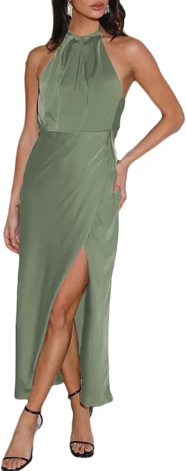 2026 Summer Satin Halter Neck Backless Slit Midi Dresses Elegant Cowl Back Ruched Wedding Guest Maxi Dress for Women