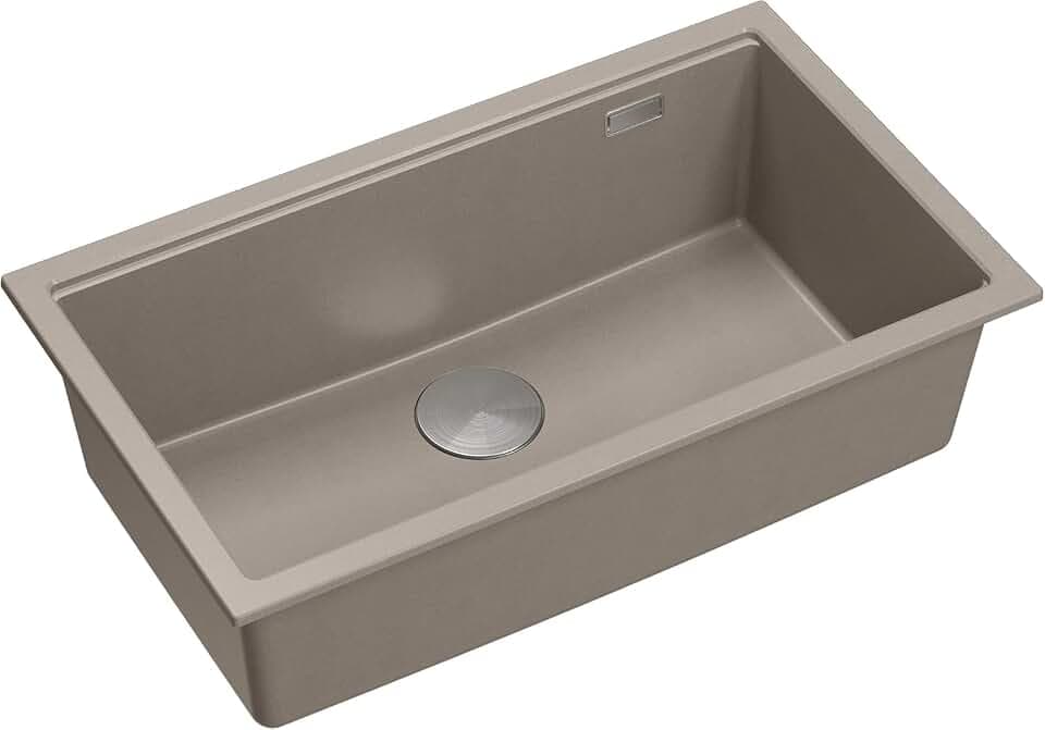 QUADRON Spüle Einbeckenspüle Granitspüle Küche | Größe 70 x 37 x 23,5 cm Farbe: Soft Taupe & Stahl | LOGAN 110 Einzelbecken Küchenspüle | Granit Spülbecken | Unterbaubecken Schrankunterbau ab 80 cm