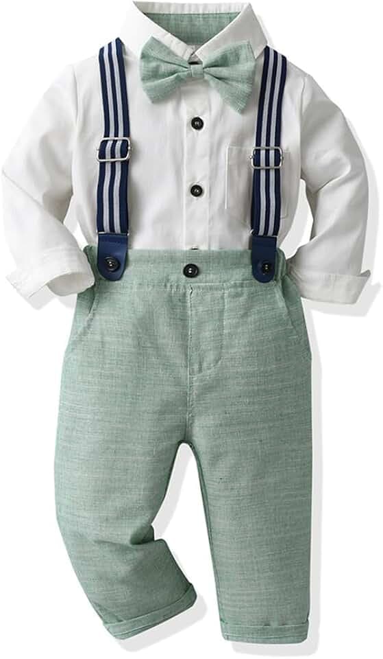 Odizli Baby Anzug Junge Hochzeit Festlich Kinder Langarm Hemd+Fliege+Hosenträger+Hose 4tlg Kleidung Set Bekleidungssets Taufanzug Taufkleidung Einschulung Outfit Kinderanzüge Grün 6-12 Monate