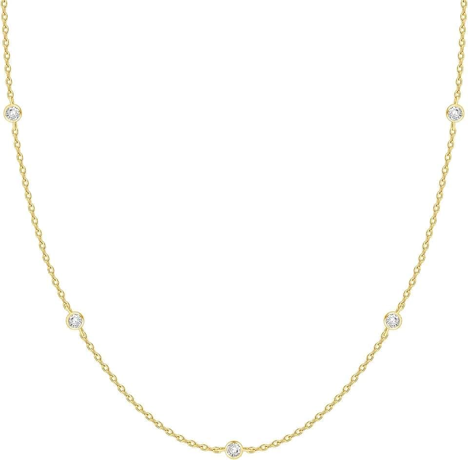 PAVOI Layering Necklace for Women, 14K Gold Plated Station CZ Chain