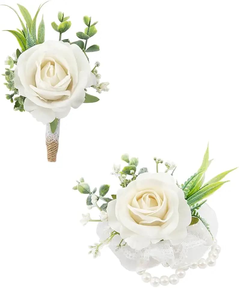 Ansofi Ivory White Corsage and Boutonniere for Men Set