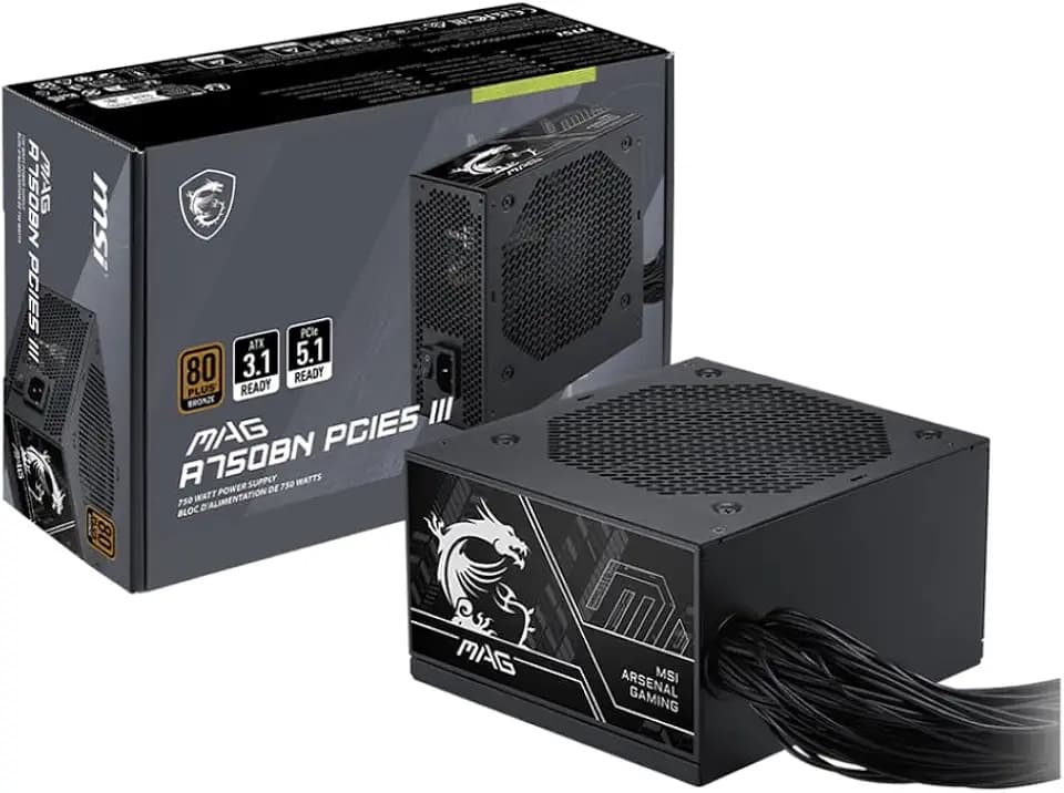 MSI MAG A750BN PCIE5 III, Non Modular Gaming 750W Power Supply, 80+ Bronze, Dual 12V-2x6 Cables, Server-Grade Capacitor, ATX 3.1 & PCIe 5.1 Ready, Low-Noise, Semi Digital, 5 Year Warranty
