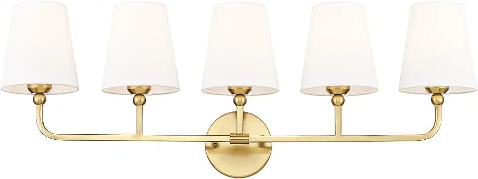 5-Light Brushed Gold Bathroom Vanity Light, White Fabric Shades