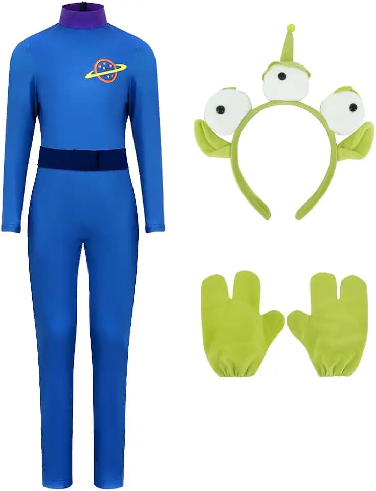 PAINEOMN Alien Costume Men Three-eyed Alien Monster Toy Cosplay Jumpsuit Adult Halloween Blue Bodysuit Headband Gloves Set