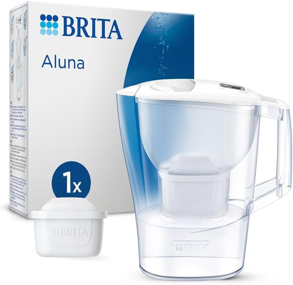 BRITA Wasserfilter-Kanne MAXTRA Aluna, 1x Pure Performance Kartusche | Weiß (2,4l) kühlschrankgeeignete Kanne, Filterwechselanzeige, Klappdeckel, Filterkartusche reduziert PFAS, Kalk, Metalle etc.