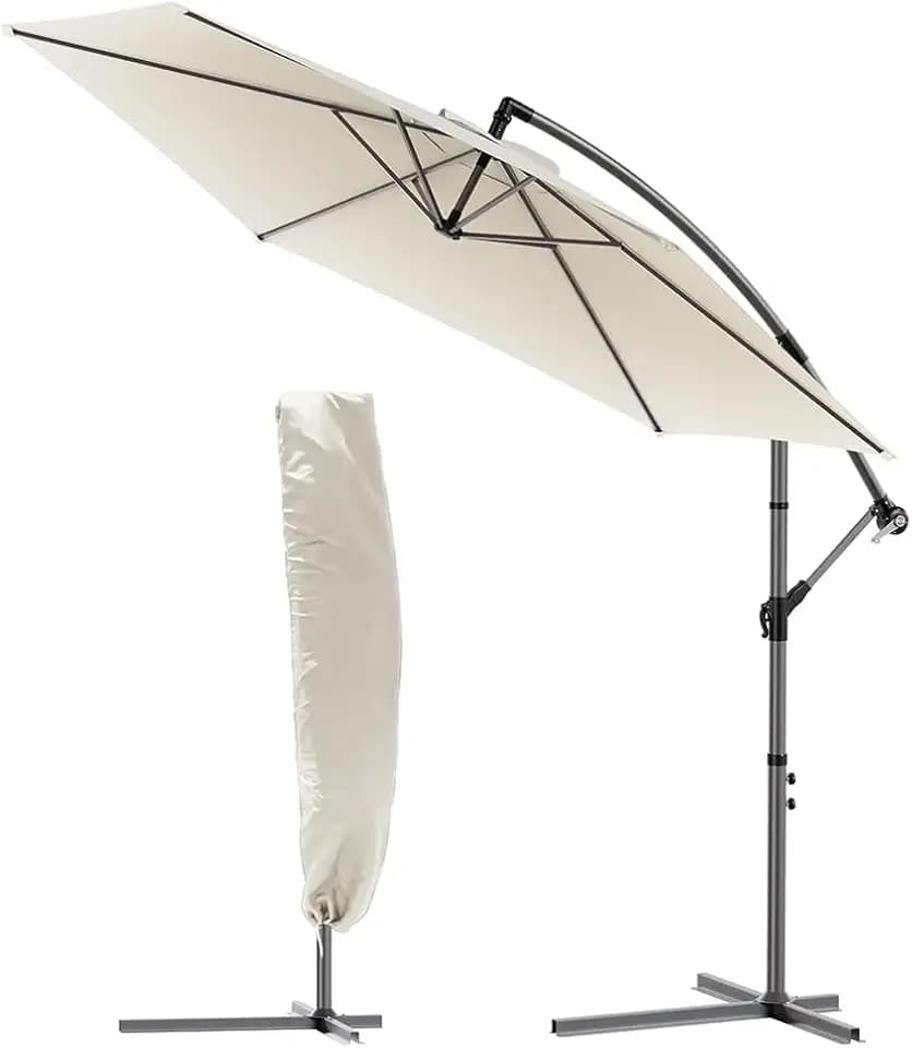 VOUNOT Ampelschirm 300 cm, Sonnenschirm mit Ständer, Kurbel, Windsicherung und Abdeckung, 360° drehbar & neigbar, Stabiler Gartenschirm für Terrasse, Balkon & Garten, Marktschirm UV-Schutz, Beige
