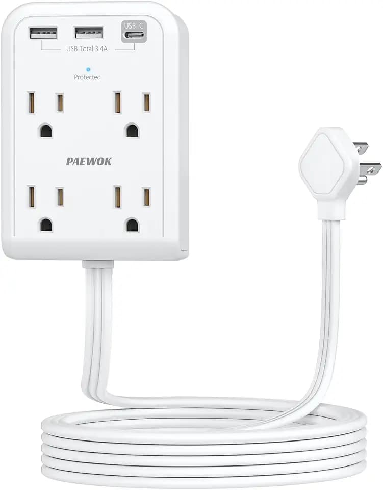 PAEWOK Flat Plug Power Strip with USB C Ports, Surge Protector, White