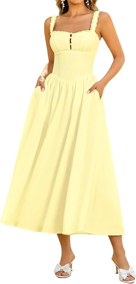 KUTUMAI Women Summer Corset Midi Floral Wedding Guest Dresses with Pockets