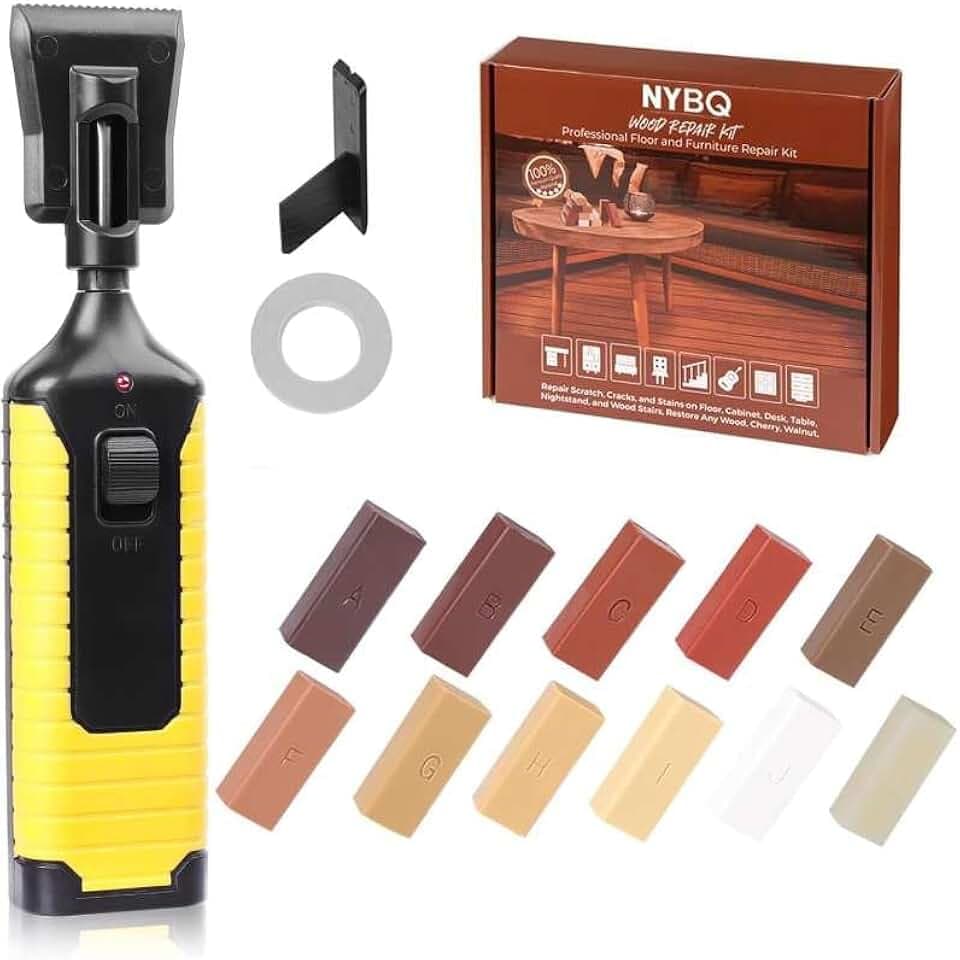 NYBQ Laminat Reparaturset, 19 Stück Holz Parkett Reparaturset Neuem Upgrade-Schmelzwerkzeug, 11 Farben Hartwachs für Holzkitt Vinylboden Holzböden Möbel Arbeitsplattet Reparatur set