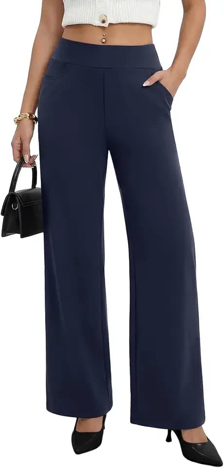 Sampeel Navy Blue Pants for Women Dress Work Pants Petite Wide Leg Office Comfy Trousers Flowy Slacks for Women L