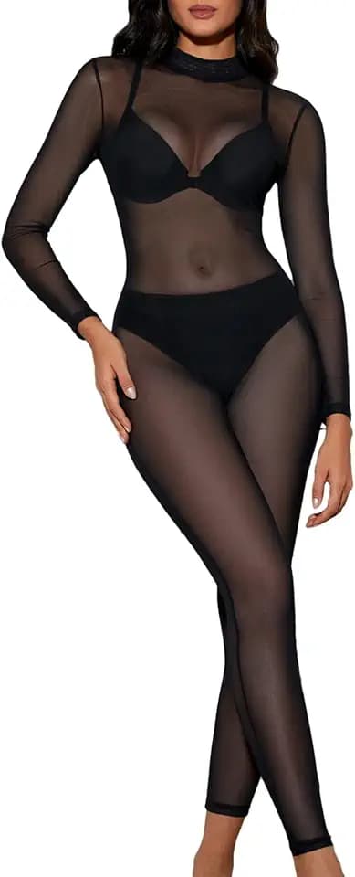 MakeMeChic Women's Sexy See Through Sheer Mesh Jumpsuits Long Sleeve Romper