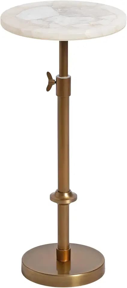 Kate and Laurel Engles Traditional Adjustable-Height Pedestal Drink Table, 10 x 10 x 30, Natural Quartz and Antique Brass, Vintage Round Indoor Metal Plant Stand with Authentic Stone Tabletop