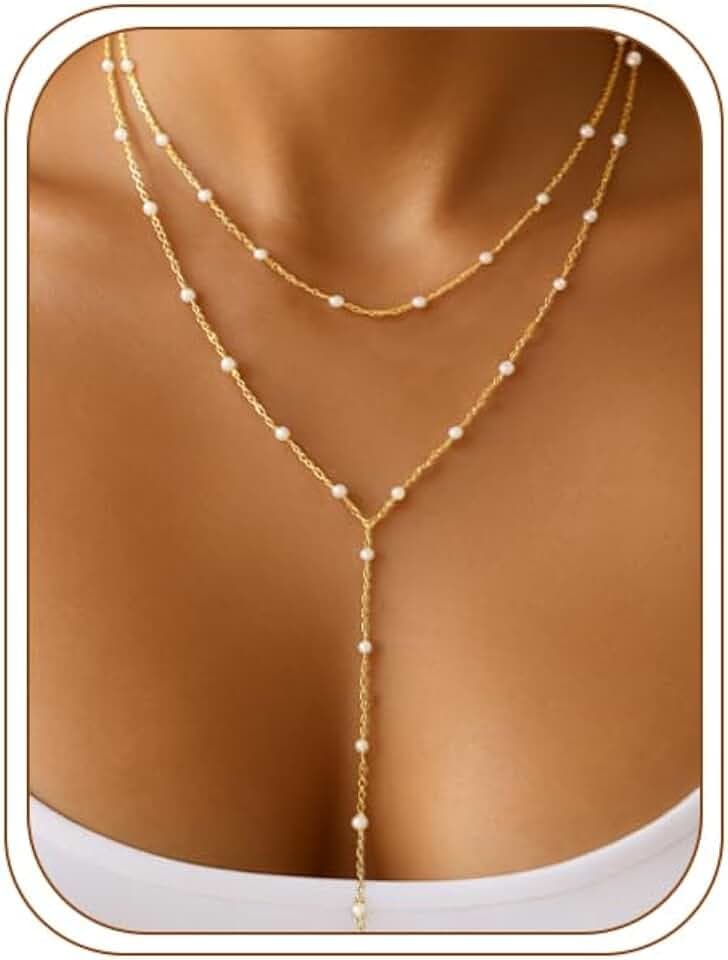 HAXIYA Gold Pearl Y-Shaped Necklace for Women Layered Lariat Long Pendant