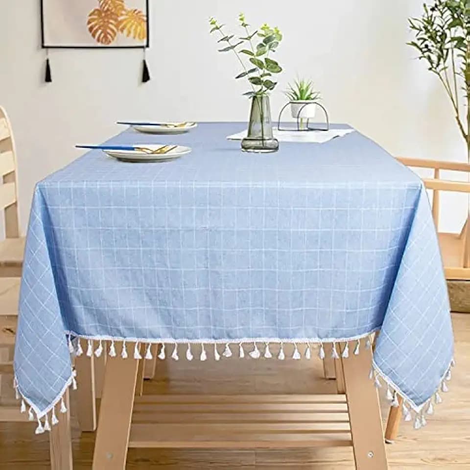 ShinyBeauty 55"x55" Embroidered Tablecloth - Cotton Linen Blend, Wrinkle-Free & Washable Checkered Kitchen Table Cover, Sky Blue Tassel Border for Dining Decor