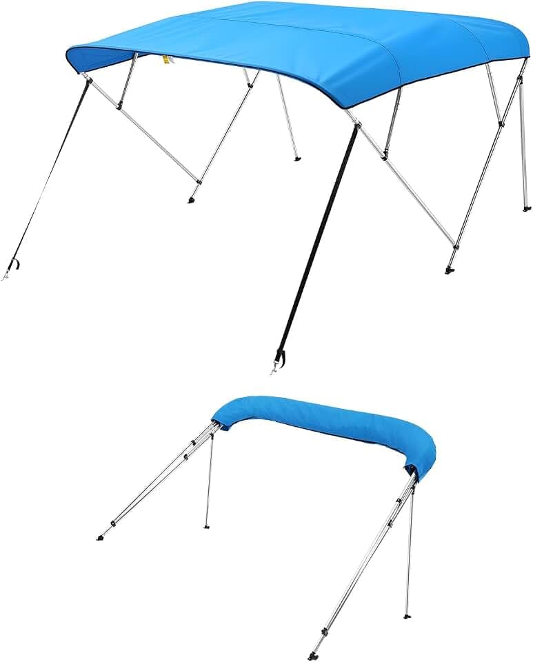 VEVOR 4 Bow Boat Bimini Tops, 600D Polyester Canopy with Aluminum Alloy Frame, Waterproof & Sun Shade Boat Awning Canopy with Storage Bag, 2 Support Poles, 4 Straps, 8'Lx(91"-96")Wx54"H, Pacific Blue