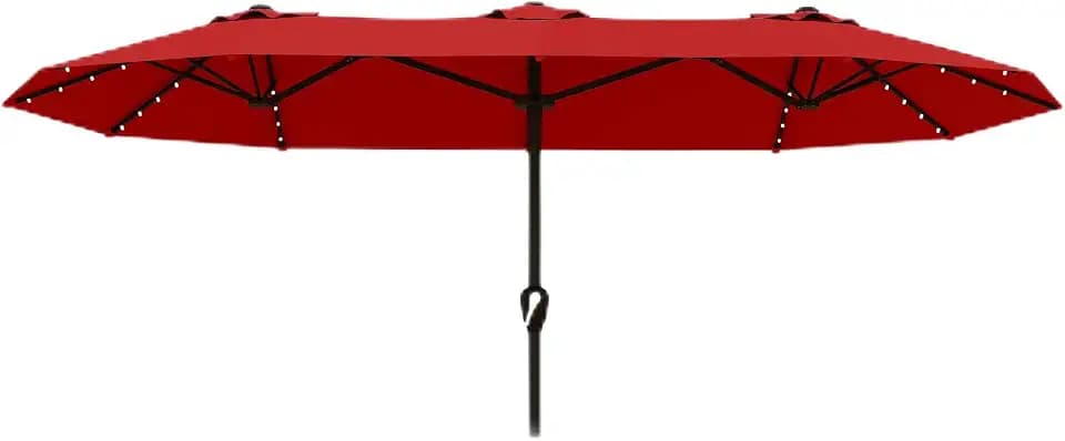 Kingdura 15ft Large Patio Umbrella with Solar Lights, Double-Sided Rectangle Lighted Outdoor Table Umbrella with Base Included, 12 Reinforced Ribs, 48 Led Lights, Crank Lift for Market Pool Deck Backyard, Red
