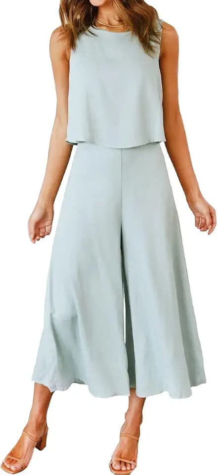 ROYLAMP Women's 2 Piece Outfits Basic Top Cropped Wide Leg Pants Set