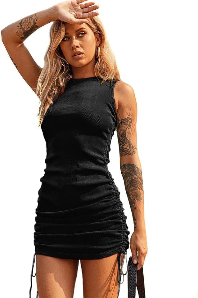 Sommerkleid Damen Kurzes Kleid Damen Enge Kleider Ärmellos Sommerkleid Sexy Tankkleid mit Seitlichem Kordelzug für Alltag Freizeit Party Abend Club Night Out Kleid