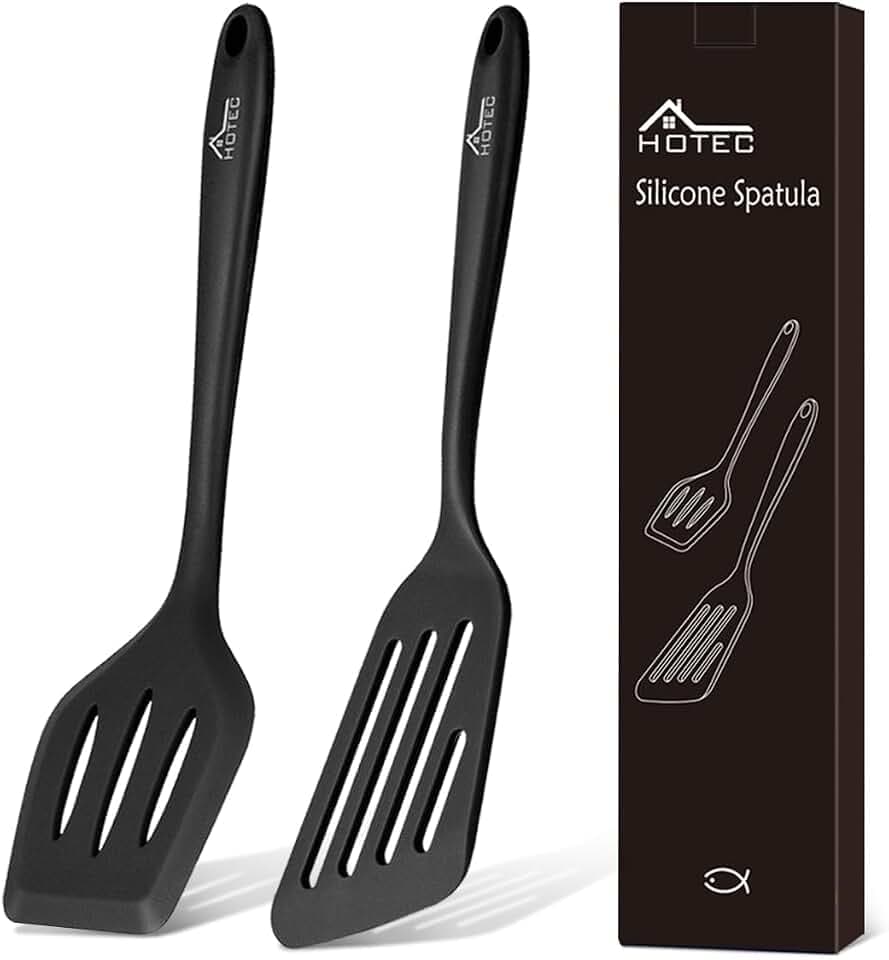 Hotec Pfannenwender-Set aus lebensmittelechtem Silikon, mit Schlitzen, Küchenutensilien zum Backen, Kochen, hitzebeständig, antihaftbeschichtet, starker Edelstahl Kern,Schwarz, 2 Stück