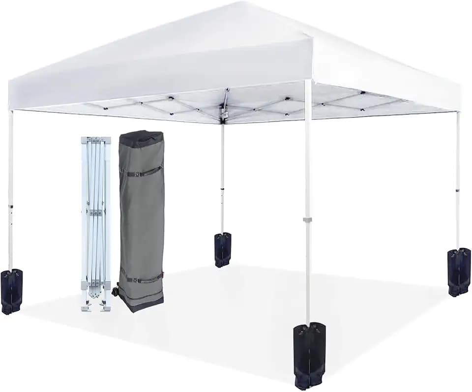 Amazon Basics Outdoor Pop Up 10 x 10 Canopy Tent for Events, Portable with Easy Setup, Sun Shelter, Includes Wheeled Carry Bag, 8 Pegs, 4 Ropes, 4 Weighted Bags, White