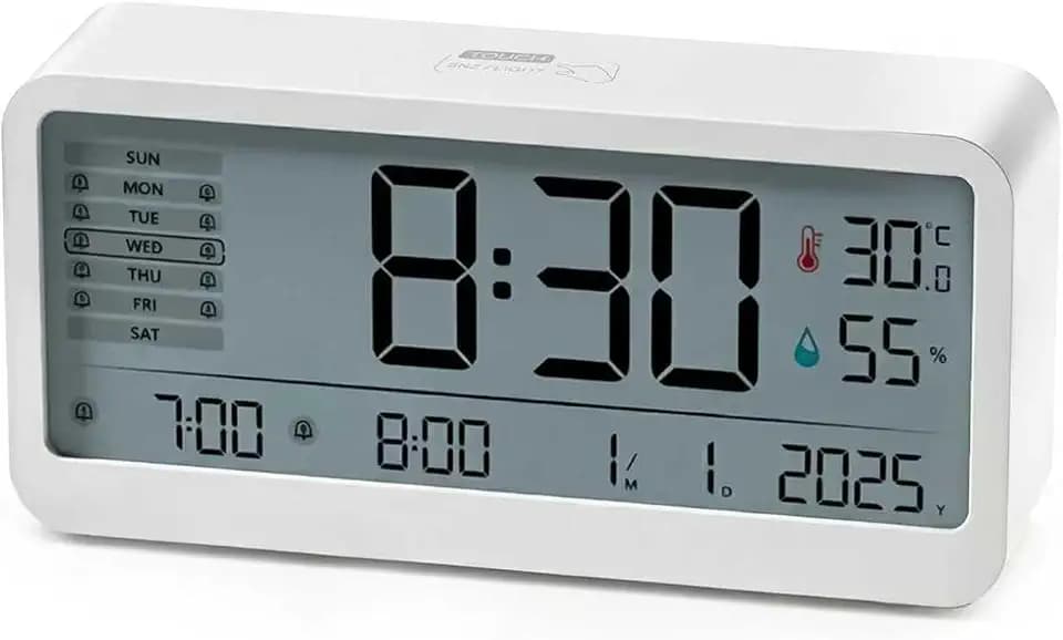 Wecker Digital mit großen Zahlen, LCD Wecker mit Temperatur- & Luftfeuchtigkeitsanzeige, Helligkeit regelbar, 2 getrennte Weckzeiten, Snooze Funktion, 12/24HR Format, Immer eingeschaltetes Display