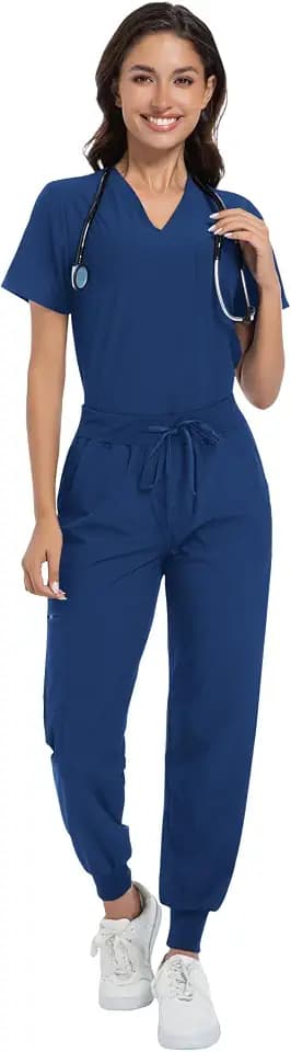 Scrub Set for Women V-Neck Top Jogger Pants Medical Uniform Suits with 9 Pockets Water Repellent for Nurses