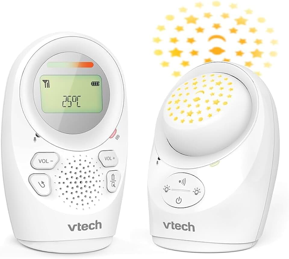 VTech Digitales Audio-Babyphon DM1212 – DECT-Technologie, Gegensprechfunktion, Geräuschpegelanzeige, Temperatursensor, Sternenhimmel-Nachtlicht u. v. m. – Mit Eltern- und Babyeinheit