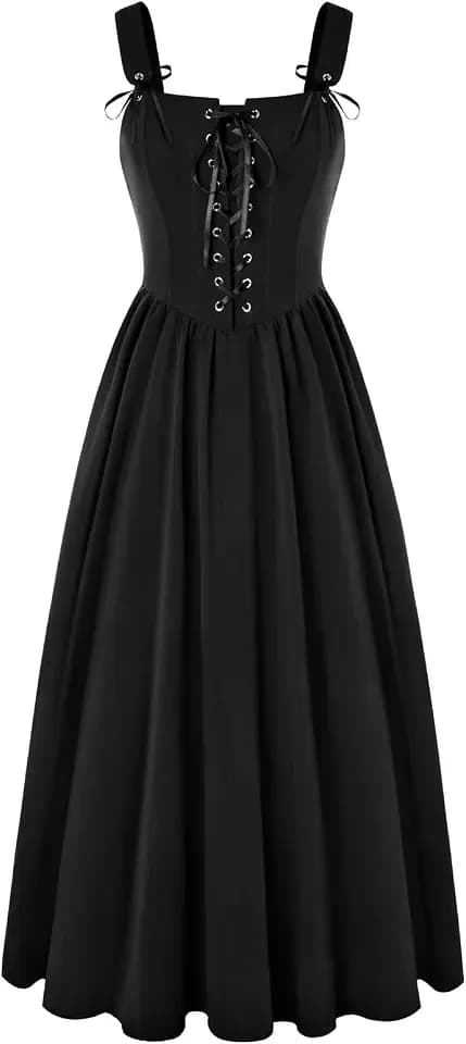 SCARLET DARKNESS Damen Renaissance Korsett Kleid Ärmellos mit Schnürung Gesmokt Mittelalter Maxikleid