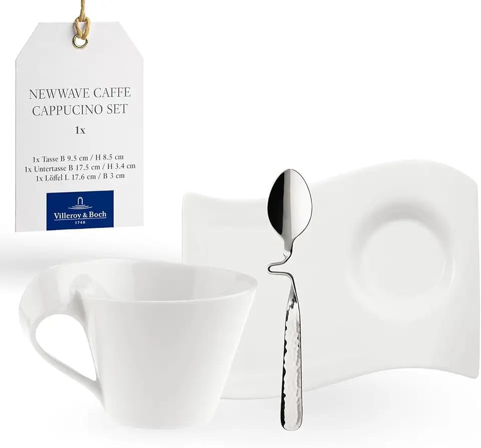 Villeroy & Boch - Newwave Caffè Cappuccino Tassen Set, Spülmaschinenfest, Mikrowellensicher, Cappuccinotassen, Kaffee Geschirr Set, Tasse, Untertasse, Löffel, Premium Porzellan, Edelstahl
