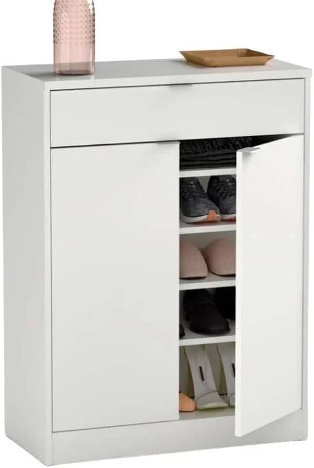 Muebles Pitarch | Eingangsschuhkipper mit Schublade und 4 verstellbaren Regalböden, Hochglanz Weiß, 20 Paar Schuhe, 101x75x36 cm, Modell Berlin